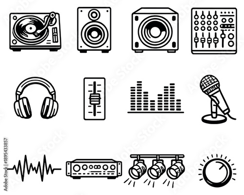 Club Sound Systems in outline style: DJ turntable, speaker, subwoofer, mixer, headphones, fader, equalizer, microphone, waveform, amplifier, lights, volume knob. Vector icons