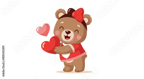 Cartoon Bear Hugging Heart with Love.