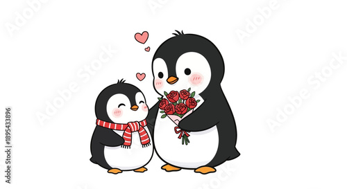 Penguin Couple with Heart and Roses.