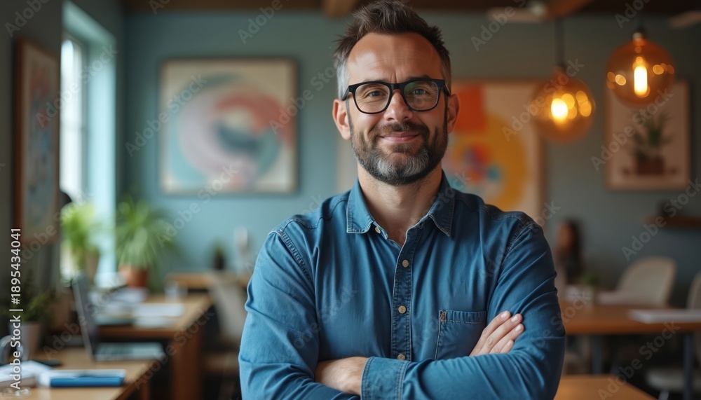 Fototapeta premium Man with glasses and beard in denim shirt smiles. He stands with crossed arms in modern office with plants and art. Confident leader looks at camera.