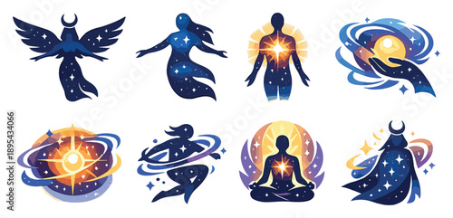 Celestial Myth Toolkit in flat style: heavenly creature silhouette, star infused form, radiant anatomy, cosmic energy core, astral motion, divine aura. Vector icons