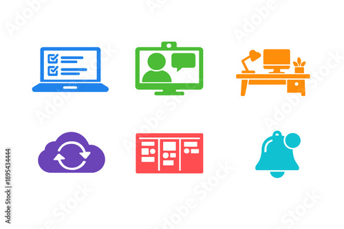 Monochromatic remote work icons in flat vector style. Perfect for home office platforms, collaboration software, websites, and marketing visuals.