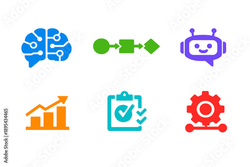 AI productivity tools icon set with six single-color vector icons. Ideal for tech platforms, business apps, dashboards, and modern UI design.