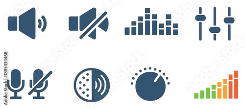 Audio configuration in flat style: speaker icon, mute symbol, sound wave bars, balance slider, microphone toggle, noise control circle, audio profile knob. Vector icons