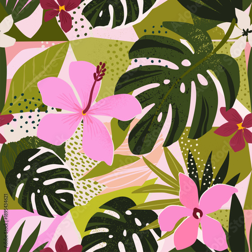 Abstract modern tropical paradise collage with various of fruits, exotic plants and geometrical shapes seamless pattern. Contemporary floral illustration for fabric design. Vector illustration