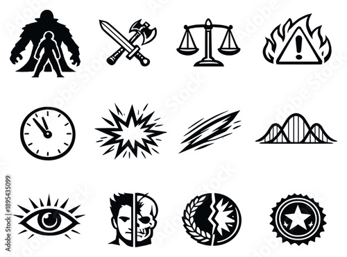 Story climax elements in outline style: hero confrontation silhouette, antagonist shadow, crossed conflict symbols, ultimate choice scale, heightened stakes. Vector icons