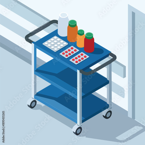 Medical trolley with medicine bottles and pill blister packs in hospital corridor isometric view