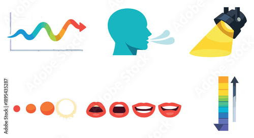 Expressive vocal techniques in flat style: pitch variation graph, breathing control symbol, emphasis spotlight, rhythm pulse dots, articulation mouth shapes. Vector icons