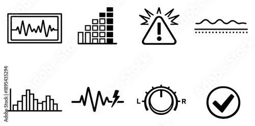 Audio Quality Control in outline style: waveform monitor, level meter, clipping warning icon, noise floor indicator, frequency spectrum graph, distortion alert. Vector icons