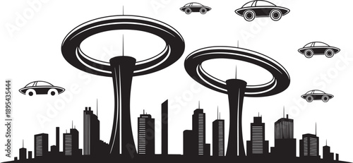 Advanced retro futuristic cityscape with flying saucers and giant ringed tower buildings