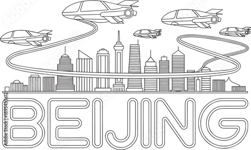 Beijing skyline with futuristic flying jets and elevated tracks over a modern cityscape outline