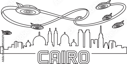 Cairo skyline outline illustration with futuristic flying saucers and city landmarks art