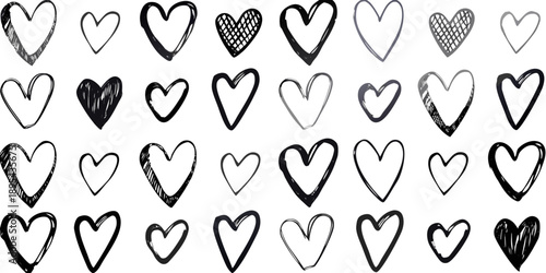 Collection of hand drawn heart shapes in varying styles and shades