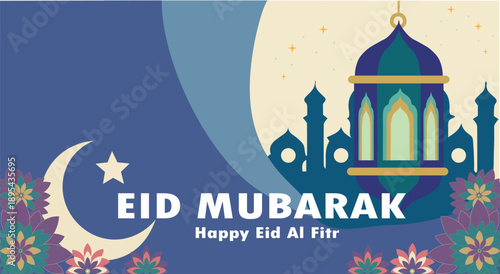 Eid Mubarak Greeting with Crescent, Lantern, and Mosque Silhouettes