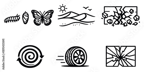 Change and Consequences in outline style: Metamorphosis Butterfly, Shifting Sands, Breaking Wall, Spiral Cycle, Rolling Wheel, Shattered Glass. Vector icons