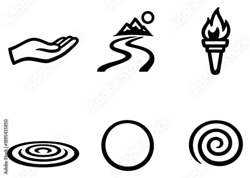 Existence and Meaning in outline style: Hand, Pathway, Torch, Ripple, Circle, Spiral. Vector icons