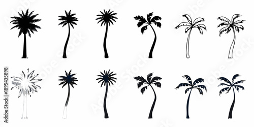Collection of stylized palm tree silhouettes in varying forms and details