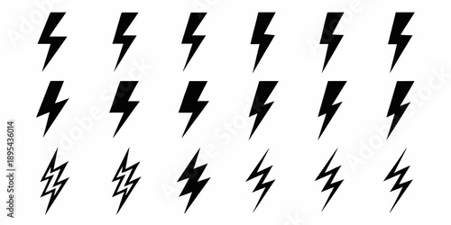 Arrangement of black lightning bolts on a plain white background