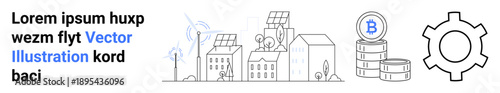 Modern city with solar panels, wind turbines, and bitcoin stack near a gear. Ideal for sustainability, renewable energy, cryptocurrency, financial technology, smart cities, innovation simple landing