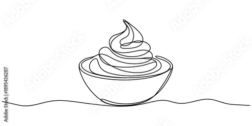 Whipped cream in a bowl in continuous one line art style. Simple vector illustration, Single-line drawing of a mixing bowl with whipped cream, Minimalist one continuous line art drawing of a hot drink