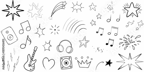 Black and white doodle collection featuring stars music and celebratory icons