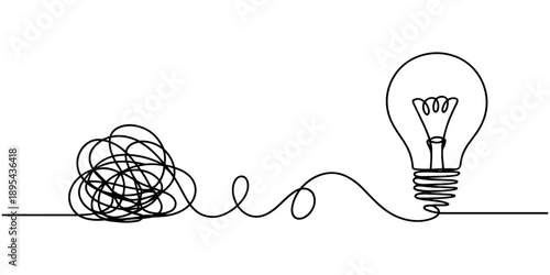 unraveling to glowing light bulb continuous one line drawing, One continuous line drawing of tangled and scribble wires with light bulbs. Concept of complex problem solving process.