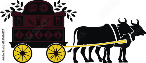 Traditional beer wagon, oxen pulling cart, festive celebration, hops and barley, beer mugs, cultural transport, vintage style, vector illustration, harvest theme