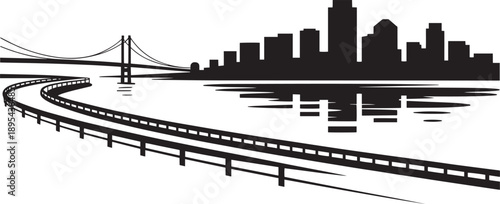 City silhouette with bridge over water and curved road in front, urban travel concept