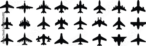 Military aircraft silhouettes, jet fighter icons, black airplane shapes, aviation design, tactical planes, vector grid, defense concept, aircraft recognition