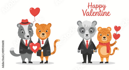 Cartoon Animals in Suits Celebrating Valentine.