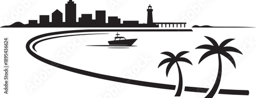 City skyline with a lighthouse and palm trees, a boat sailing on a curved path in foreground