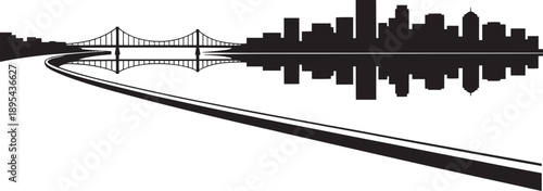 City skyline silhouette with bridge reflected in water and highway foreground