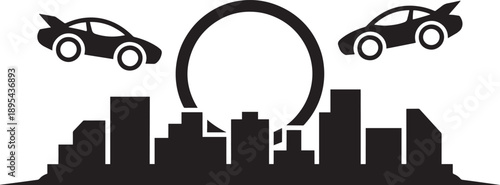 Cityscape with two flying cars, vector silhouette illustration of an urban skyline