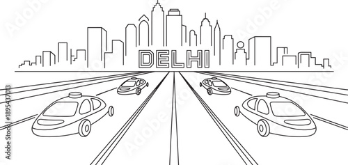 Delhi city skyline outlined in black with cars on a highway leading to it
