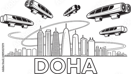 Doha cityscape with futuristic transportation and modern skyscrapers