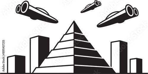 Future city with pyramid building and several flying vehicles over transparent background