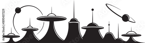 Futuristic alien city silhouette with flying saucers and planets, space colonization concept