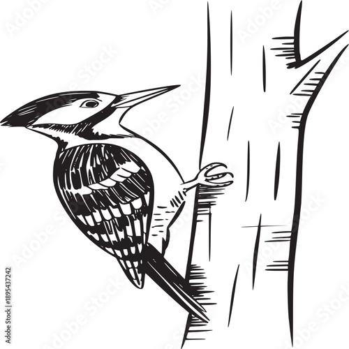 Sketch of a woodpecker clinging to a tree trunk with detailed feather and beak illustration style