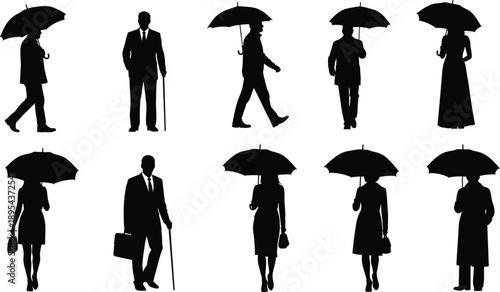 Business people silhouettes with umbrellas walking, standing figures in rain, black corporate men and women isolated on white background