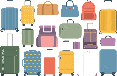 Colorful Travel Luggage Vector Set  Suitcases, Backpacks, and Handbags