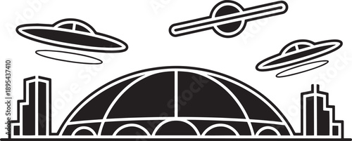 Futuristic cityscape with flying saucers and dome building in sci fi style