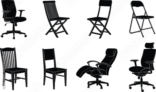 Chair silhouettes collection, office and home seating furniture set, black wooden folding and ergonomic chairs isolated on white background