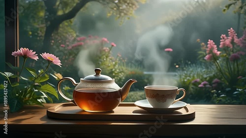 Wallpaper Mural Glass Teapot Steaming Hot Tea With Cup On Wooden Tray Against Lush Garden Background Soft Morning Light Torontodigital.ca