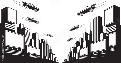 Futuristic cyberpunk city skyline silhouette with flying vehicles and glowing billboards