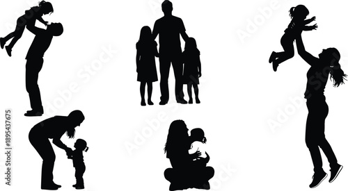 Family silhouettes collection showing parents and children bonding, love and care moments, happy people lifestyle illustration isolated on white background