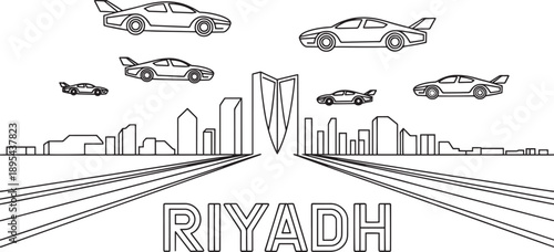 Futuristic riyadh city skyline vector with flying cars and modern high rise skyscrapers