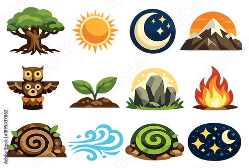 Nature worship symbolism in flat style: ancient tree, sun disc, moon crescent, flowing river, mountain peak, animal totem, leaf sprout, sacred stone, fire flame. Vector icons
