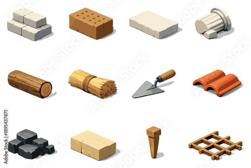 Ancient construction materials set of icons in flat isometric style: cut stone bricks, mud brick block, limestone slab, marble column piece, timber log, thatch. Vector icons