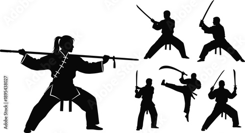 Martial arts fighter silhouettes set, kung fu and karate poses, combat training illustration, action warrior collection isolated on white background