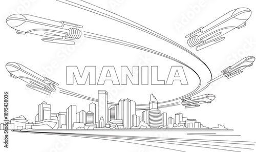 Futuristic transport vehicles soaring over Manila cityscape and modern buildings